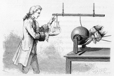 Esperimento di Cunéus: bottiglia di Leida - in "Magnetismo ed Elettricità" di Amédée Guillemin da Unknown artist