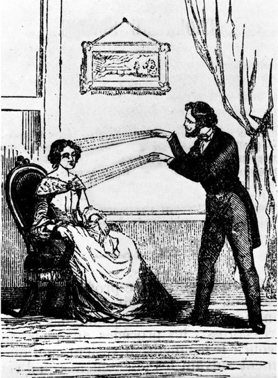 Esperienza di ipnosi. Incisione del 1890 da Unknown artist