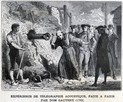 Esperimento di telegrafia acustica, realizzato a Parigi da Gauthey nel 1782, incisione XIX secolo, collezione Bianchetti. da Unknown artist