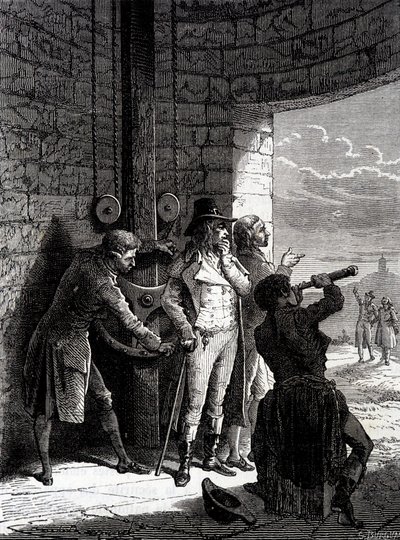 Esperimento del telegrafo Chappe effettuato il 12 luglio 1793, da Ménilmontant a Saint-Martin-du-Tertre davanti ai commissari della Convenzione - in "Le meraviglie dell