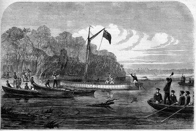 Esplorazione del giornalista Henry Morton Stanley (1841-1904) alla ricerca del Dr. David Livingstone (1813-1873), medico ed esploratore britannico in Africa meridionale. Incisione in 