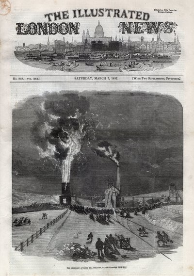 Esplosione nella miniera di carbone di Lund Hill a Barnsley, Inghilterra. Incisione in "The Illustrated London News" del 7 marzo da Unknown artist