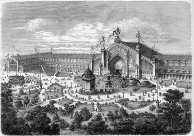 Esposizione Universale di Lione: le gallerie viste dal parco. Incisione in "L