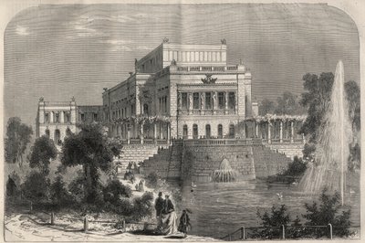 Veduta esterna del nuovo teatro di Lipsia, Germania. Incisione in 