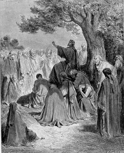 Estratto dal Vangelo di San Matteo. Gesù Cristo predica davanti alla folla dei suoi discepoli. Incisione del XIX secolo. da Unknown artist