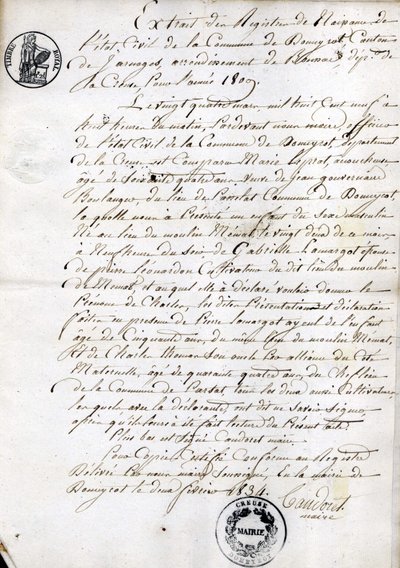 Estratto dal registro di nascita dello Stato Civile del comune di Dommyrot, copia certificata del 2 febbraio da Unknown artist