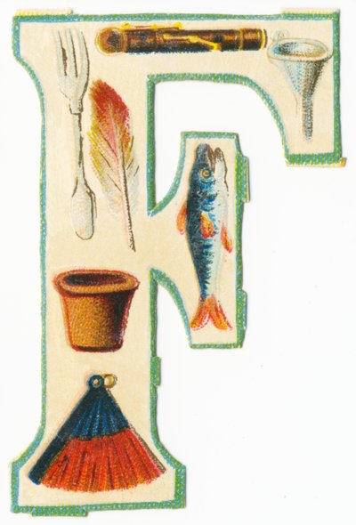 F: forchetta, flauto, imbuto, vaso di fiori, piuma, pesce, ventaglio da Unknown artist