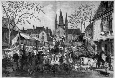 Fiera in Bretagna nella piazza di un villaggio. Incisione in "Le Monde Illustré" da Unknown artist
