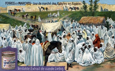 Fiere e mercati: giornata di mercato Kabyl in Algeria. Cromolitografia, immagine Liebig da Unknown artist