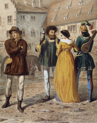 Falconiere, dama e trovatore: scena di strada a Strasburgo nel Medioevo da Unknown artist