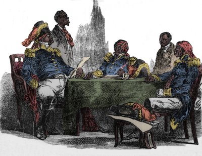 Faustin Soulouque (1782-1867) detto Faustin I, Imperatore di Haiti dal 1847 al 1859, rappresentato in una riunione. Incisione da "Emporio picturesco" 1850 da Unknown artist