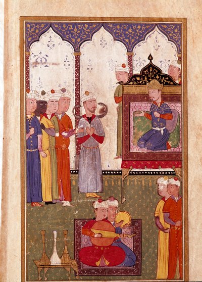 Festa organizzata dal sultano con incantatore di serpenti e musicisti miniatura da un manoscritto del 16° secolo. Venezia, Biblioteca Marciana da Unknown artist