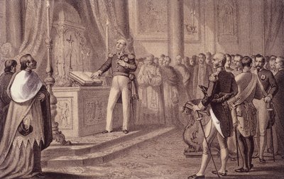 Ferdinando I di Borbone o Ferdinando IV (1751 - 1825), Re di Napoli, inaugura la costituzione del 1820 - in "Storia d