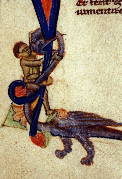 Combattimento tra un drago e un uomo (dettaglio) di una miniatura del XIV secolo da Unknown artist