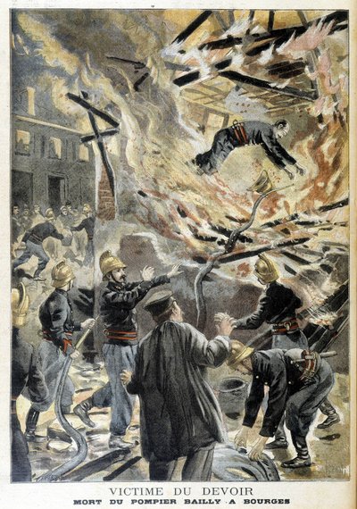 Il pompiere Bailly morto a Bourges in un incendio durante un intervento. Illustrazione del “Petit Journal” del 1898 da Unknown artist
