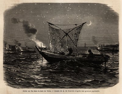 Pesca al fuoco nella baia di Yedo (o Edo, odierna Tokyo), durante la notte, ogni barca porta una sorta di griglia con luci anteriori, la luce attira i pesci che vengono catturati con una grande rete. Incisione per illustrare il Giappone, racconto di viaggi da Unknown artist