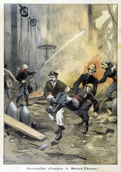 Vigili del fuoco che intervengono durante un incendio a Usine a Saint Denis. Illustrazione del "Petit Journal" del 1899 da Unknown artist