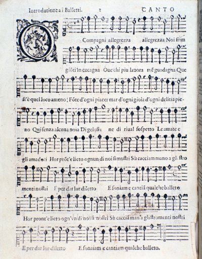 Prima pagina di Balletti per cinque voci di Giovanni Giacomo Gastoldi da Unknown artist