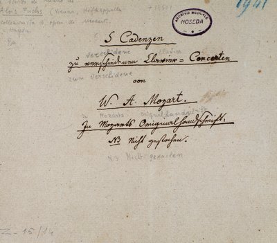 Prima pagina di un manoscritto di 5 cadenze per pianoforte di Mozart da Unknown artist