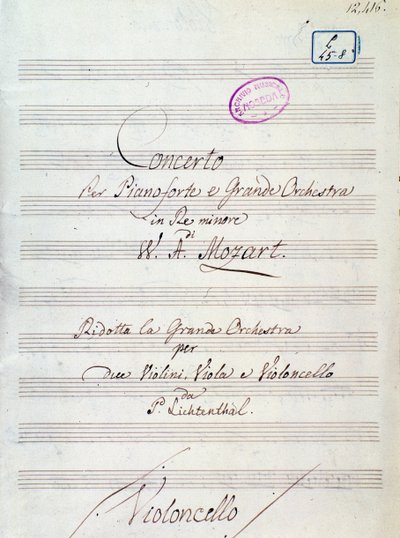 Prima pagina della partitura per Concerto per pianoforte e grande orchestra in re minore di Mozart, versione Lichtenthal (XIX secolo) da Unknown artist