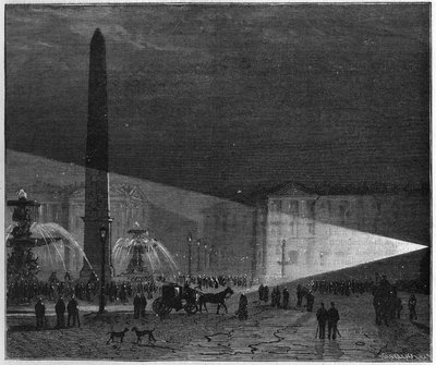 Prima esperienza pubblica di illuminazione elettrica fatta a Parigi in Place de la Concorde da Deleuil e Léon Foucault a dicembre 1844. in "La Nature. Rivista delle scienze e delle loro applicazioni alle arti e all