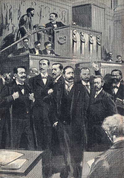 Prima seduta della Camera dei Deputati eletta nel 1898: Paul Deschanel (1855-1922), Presidente della Camera dei Deputati. Paul Adolphe Granier de Cassagnac (1842-1904), Lucien Millevoye (1850-1918), Paul Deroulede (1846-1914), Jacques Piou (1838-1932), Eug da Unknown artist