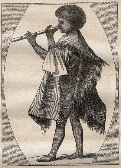 Primo viaggio (1768-1771) del capitano James Cook (1728-1779): suonatore di flauto tahitiano - illustrazione tratta da 