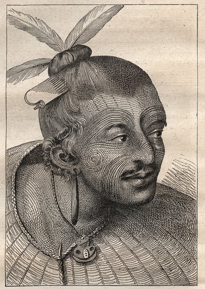 Primo viaggio (1768-1771) del capitano James Cook (1728-1779): testa tatuata di un neozelandese - illustrazione tratta da 