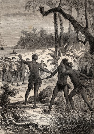 Primo viaggio (1768-1771) del capitano James Cook (1728-1779): mentre Cook e dieci marinai navigano sulla costa meridionale della Nuova Guinea, tre indiani uscirono dal bosco con grandi urla - illustrazione tratta da 