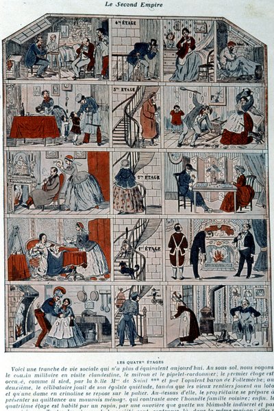 Cinque piani che mostrano le diverse classi sociali sotto il secondo impero. Illustrazione rappresentata come una sezione trasversale di un edificio parigino. da Unknown artist