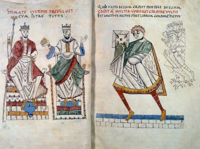 Flavio Giuseppe offre il suo libro agli imperatori Tito e Vespasiano. Miniatura tratta da De Bello Judaico (Guerra dei Giudei) da Unknown artist