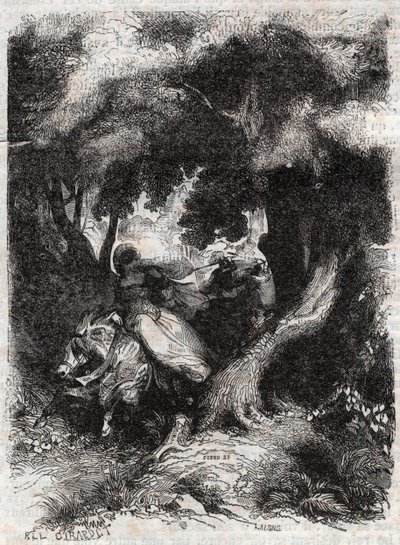 Fuga di Angelica durante la battaglia - incisione del 1851 da "Orlando furioso" (XVI secolo) di Ludovico Ariosto, edizione tradotta dall