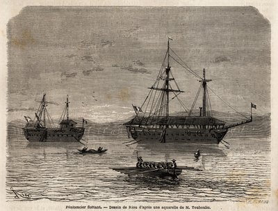 Penitenziari galleggianti della Guyana francese, colonia devoluta alla prigionia di coloro che hanno preso il controllo dei tribunali e degli uomini che dovevano rimanere. Incisione per illustrare il viaggio in Guyana francese nel 1862-1863, di Frederic Bo da Unknown artist