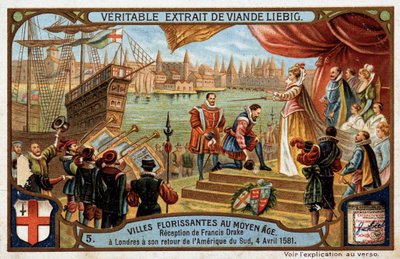 Città fiorenti del Medioevo: accoglienza di Francis Drake (1542-1596) a Londra (Inghilterra), al suo ritorno dal Sud America, 4 aprile da Unknown artist