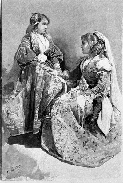 Folclore: donne vestite con costumi tradizionali da matrimonio, Sicilia. Incisione del XIX secolo da Unknown artist