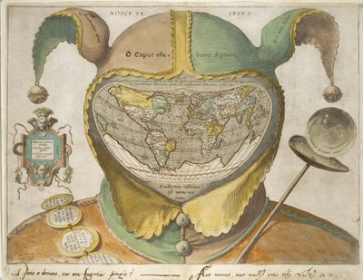 Mappa del mondo a forma di cappello da giullare, c.1590 (incisione colorata a mano su carta bianca, con iscrizioni in inchiostro ferro-gallico) da Unknown artist
