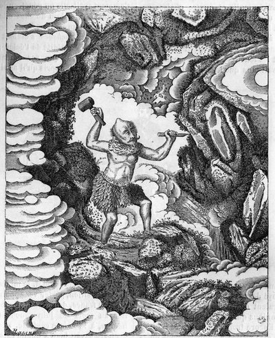 Formazione dei mondi: il dio cinese Pan-Kou-Che scolpisce la corteccia terrestre. Incisione in "Le journal de la jeunesse" da Unknown artist