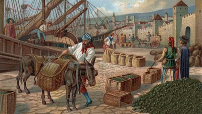 Antichi centri commerciali: trasporto di fichi a Marsiglia nel Medioevo. Cromolitografia della fine del XIX secolo. da Unknown artist