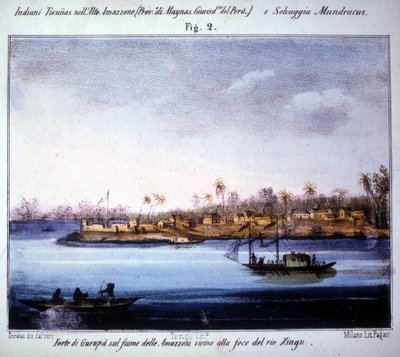 Fortezza di Gurupà sul fiume Amazzoni, vicino alla foce del Rio Xingu in Ecuador. Incisione del 1846 - 1848 da Unknown artist