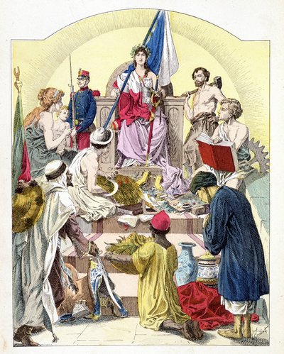 Francia, sotto le sembianze di Marianne, circondata dalle sue colonie personificate - in "Storia di Francia" di E. Grobet, c. 1915 da Unknown artist