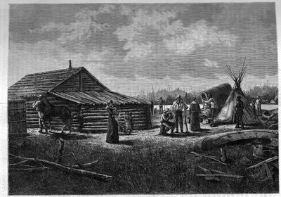 Villaggio dei Metis franco-canadesi in Canada. Incisione in 