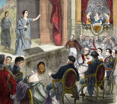 François-Joseph Talma (1763-1826), comico francese, che recita "La morte di Cesare", tragedia in tre atti di Voltaire a Erfurt davanti a un parterre di re tra cui Napoleone I e Alessandro I, zar di Russia (1777-1825). da Unknown artist