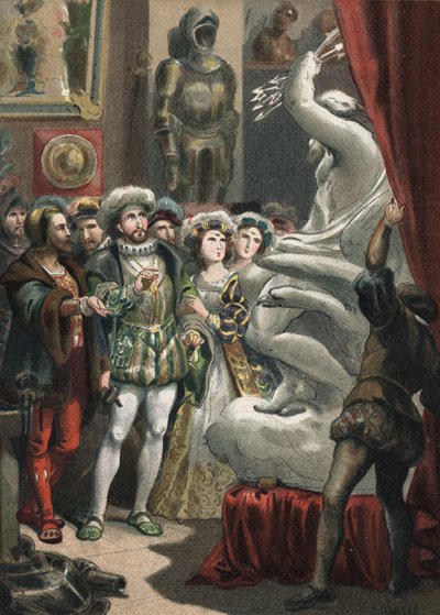 Francesco I (1494-1547), Re di Francia, con lo scultore italiano Benvenuto Cellini (1500-1571) incisione del 1881 in 