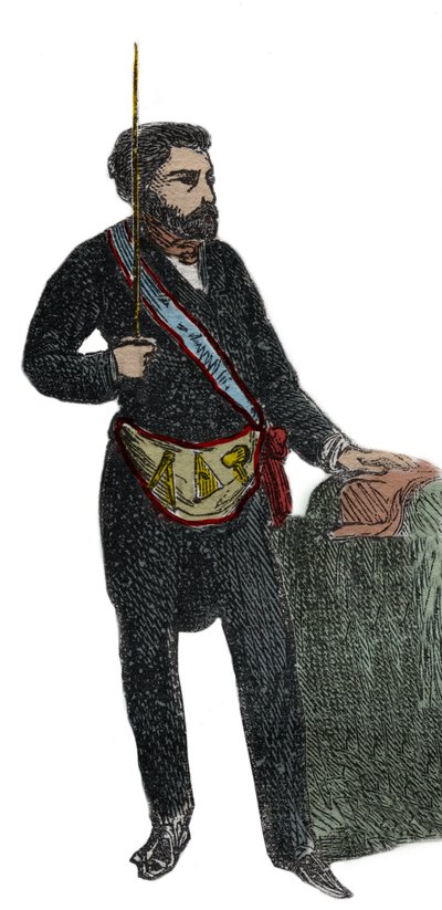 Massoneria - Costume di un massone per la sua ricezione nel grado di Maestro - Franc Maconnerie: Outfit de franc macon (Grembiule) Incisione del 1879 in “Histoire des societes secretes, politiques et religieuses” di Pierre Zaccone (1817-1895) da Unknown artist