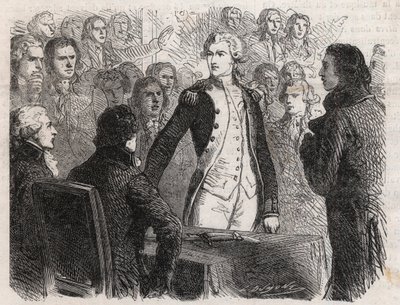 Rivoluzione francese: il generale Gilbert du Motier de La Fayette (1757-1834) si dimette dal comando della Guardia Nazionale - Incisione in "Le Monde Illustré" da Unknown artist