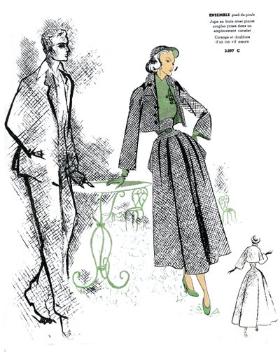 Moda francese, design per outfit in pied-de-poule. da Unknown artist