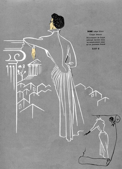 Moda francese, abito in crêpe bianco di design. da Unknown artist