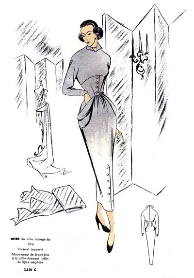 Moda francese, design di abiti da città in lana. da Unknown artist