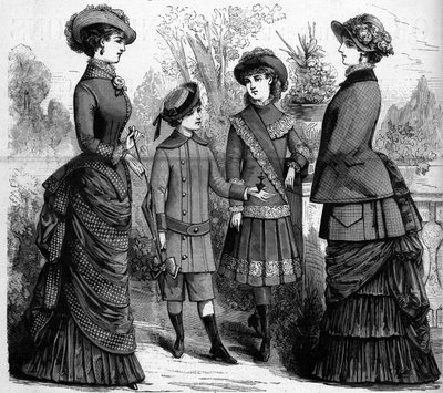 Moda femminile e infantile francese nel XIX secolo. Pubblicità del 1882. Incisione in 