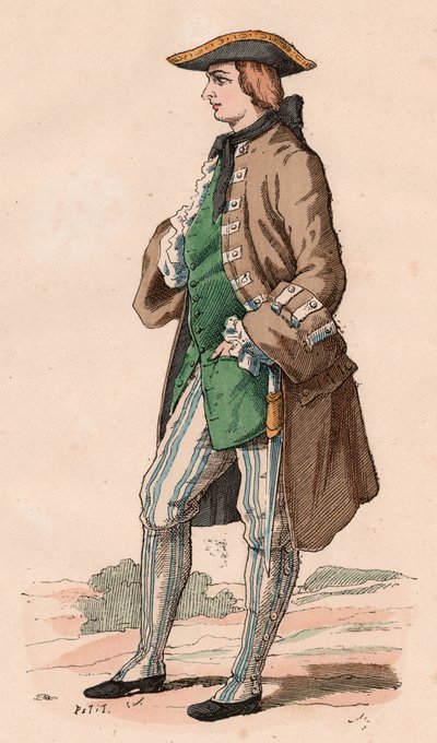 Gentiluomo francese in costume da caccia, con cappotto, gilet e cappello a tricorno con un pugnale al fianco durante il XVIII secolo da Unknown